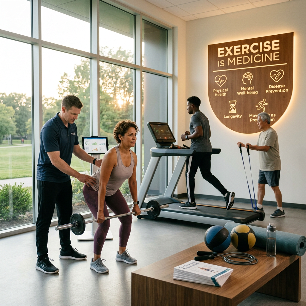 Trainer guiding woman lifting barbell near treadmill and elderly man with resistance bands